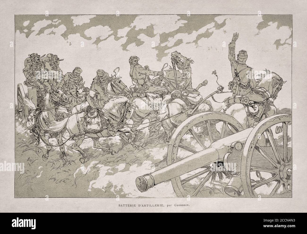 Illustrazione di una batteria di artiglieria in un campo di battaglia intitolato 'batterie d'artillerie' di Courboin pubblicato nel 1884. Foto Stock