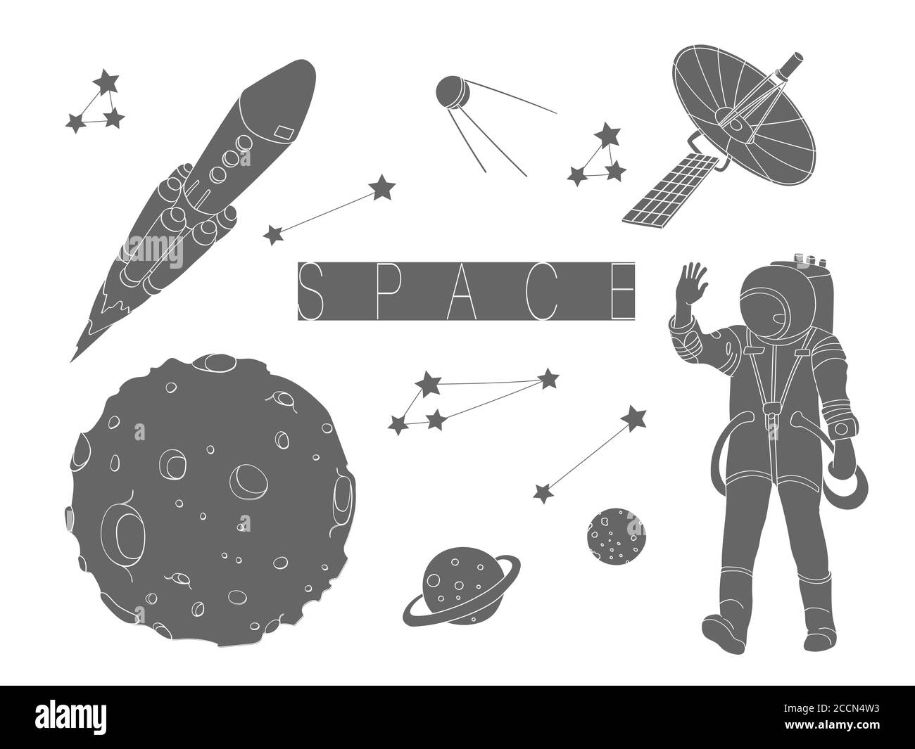 Spazio concettuale per impostazione vettoriale. Astronauta, razzo spaziale, pianeta, satellite, stelle. Illustrazione Vettoriale