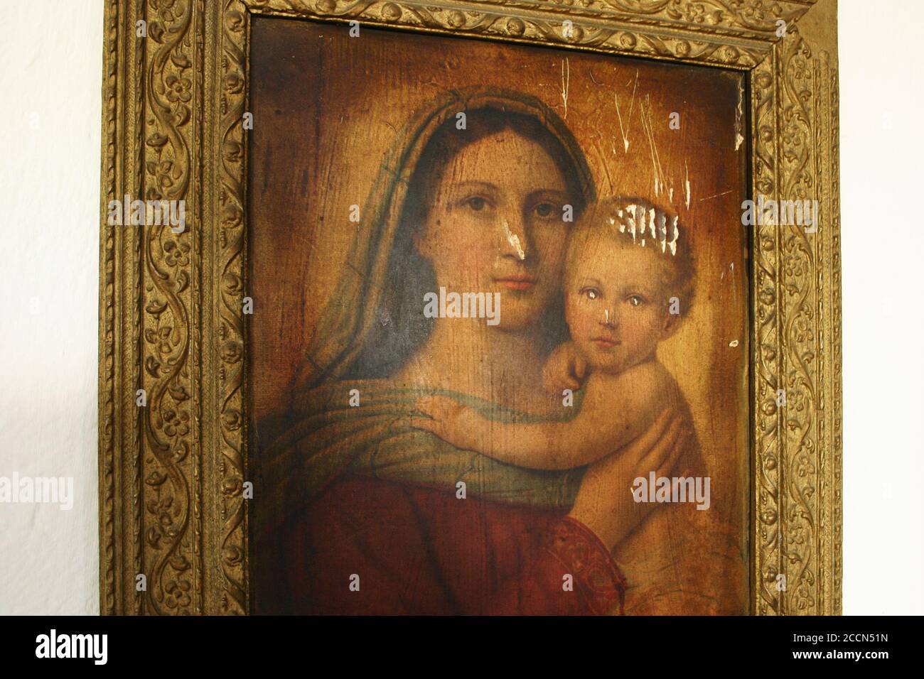 Pittura della Vergine Maria che tiene il bambino Gesù Foto Stock
