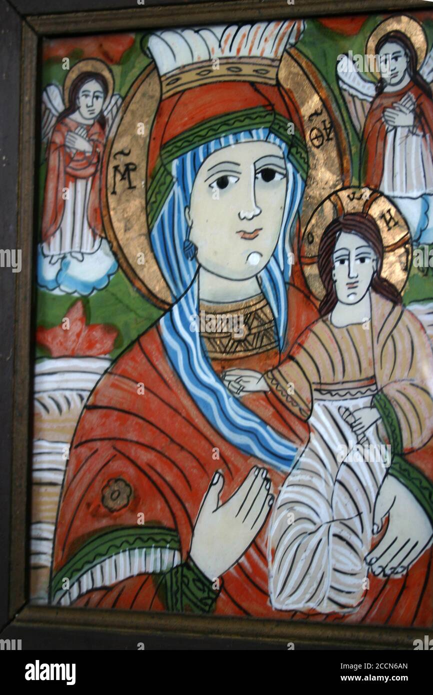 Santa Maria e Gesù Cristo - icona ortodossa orientale dipinta a mano su vetro Foto Stock