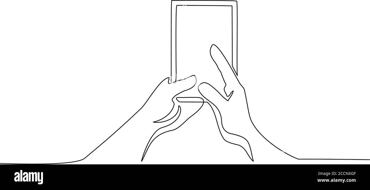 Disegno continuo di una linea. Mani che tengono il telefono. Silhouette astratta dello smartphone. Immagine vettoriale nera su bianca. Illustrazione Vettoriale