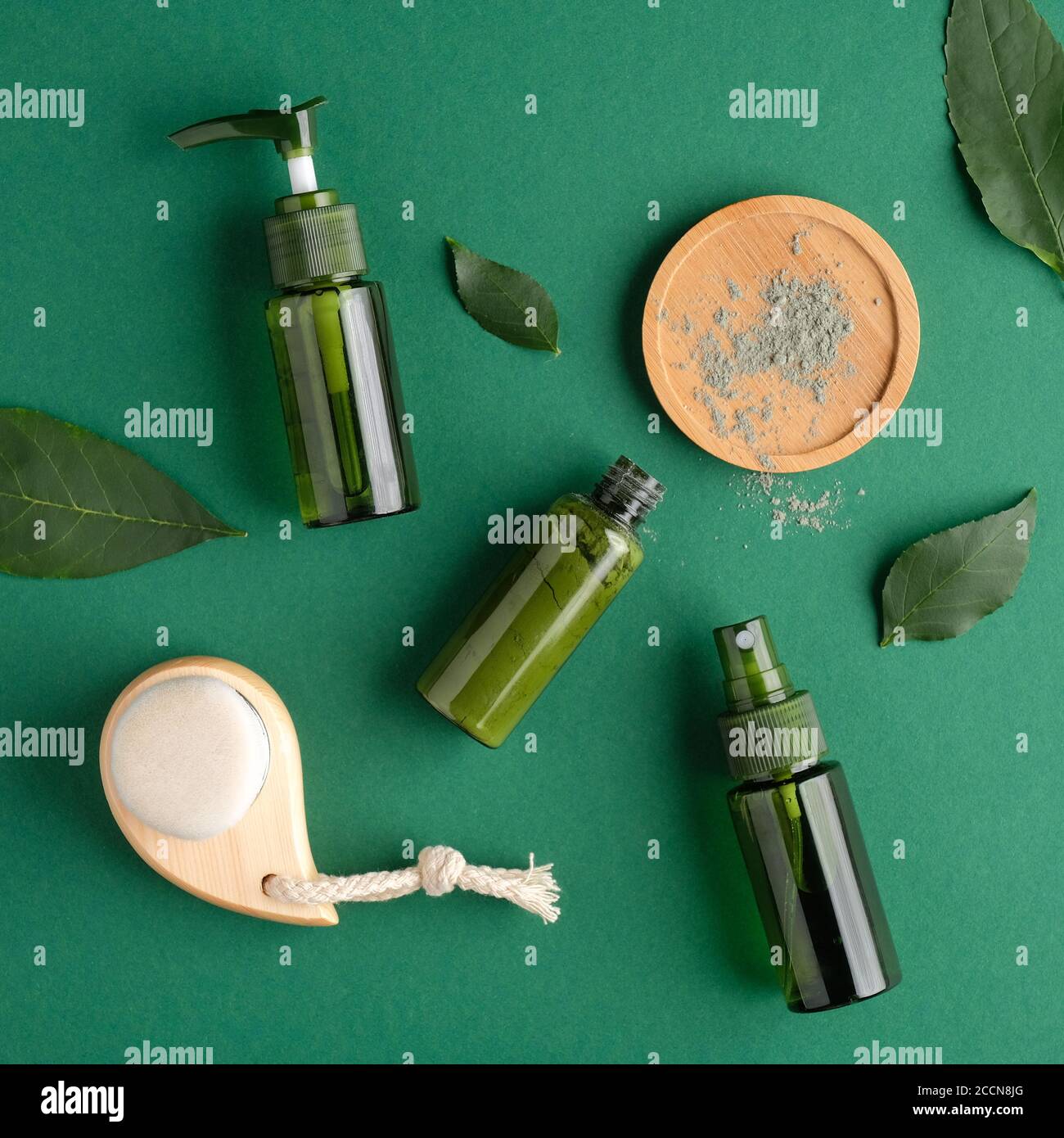 SPA cosmetici naturali biologici e foglie di piante su sfondo verde. Trattamento di bellezza, concetto di cura della pelle. Disposizione piatta, vista dall'alto. Foto Stock