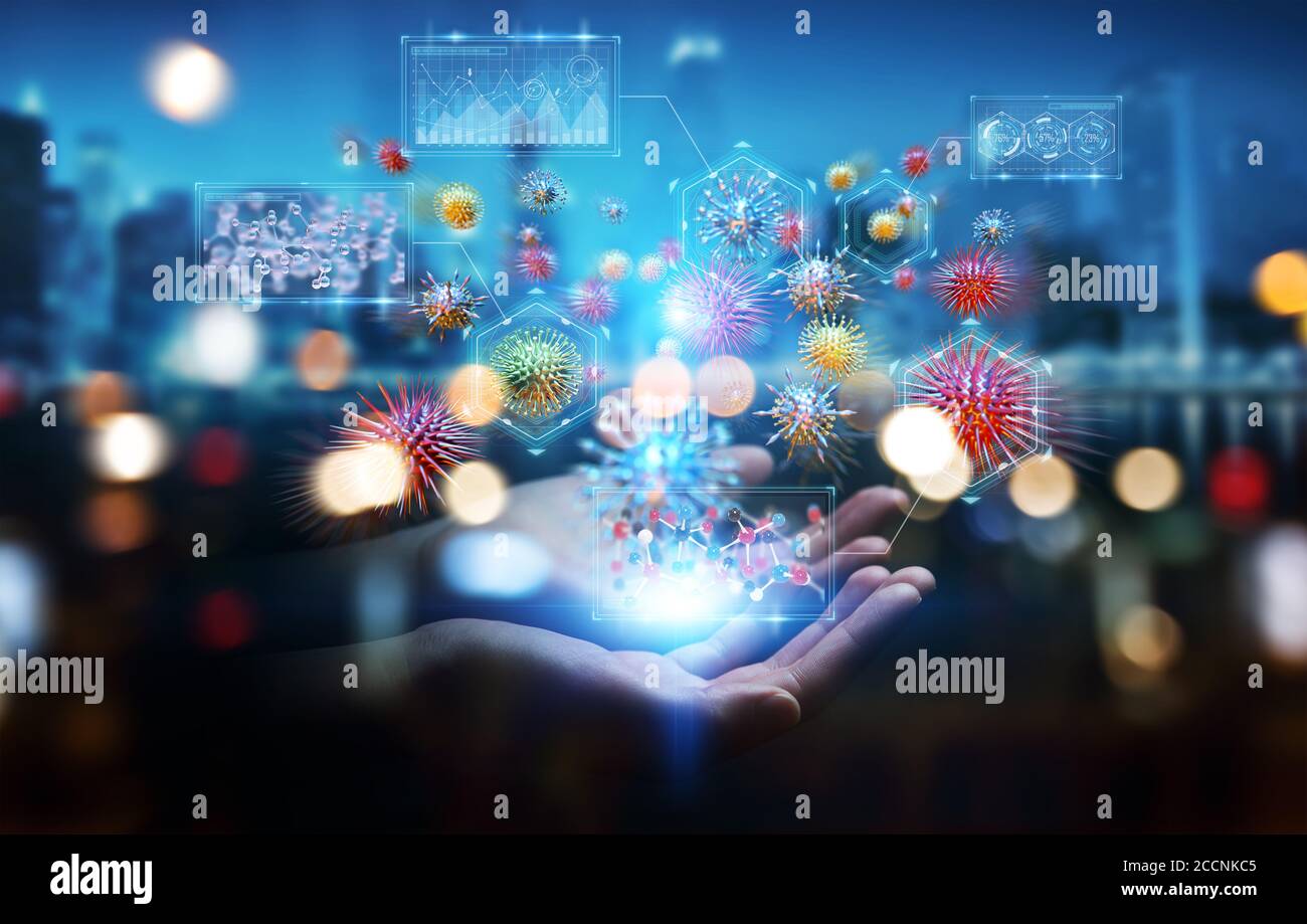 Uomo d'affari su sfondo sfocato che analizza batteri microscopici close-up 3D rendering Foto Stock