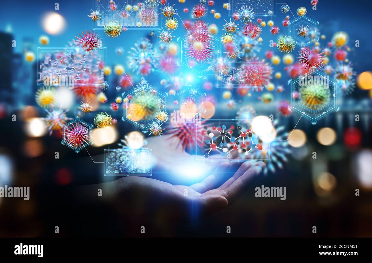 Uomo d'affari su sfondo sfocato che analizza batteri microscopici close-up 3D rendering Foto Stock