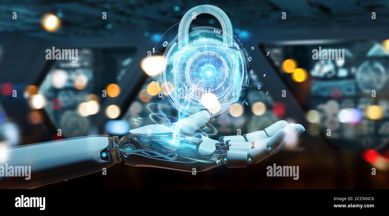 Interfaccia di protezione per la sicurezza Web utilizzata dal robot su sfondo sfocato Rendering 3D Foto Stock