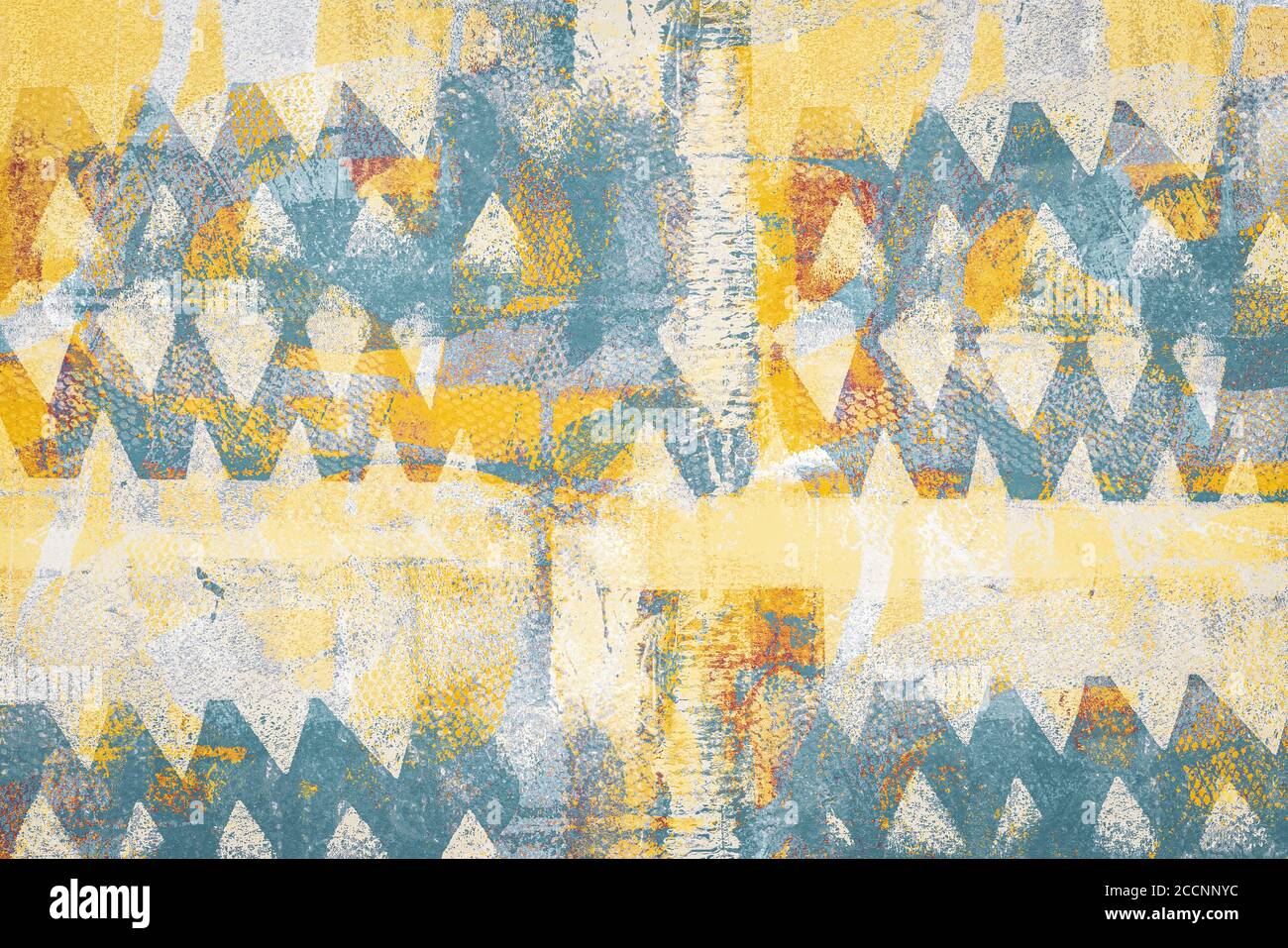 Supporti misti sfondo creativo fatto di forme geometriche testurizzate in toni blu-giallo Foto Stock