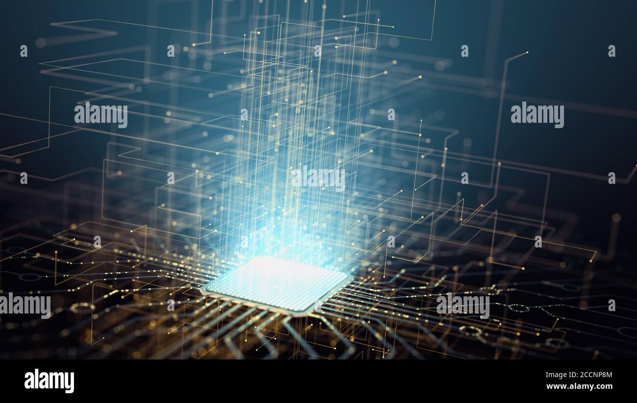 Intelligenza artificiale, connessioni microchip, impulsi elettrici e codici binari. Foto Stock