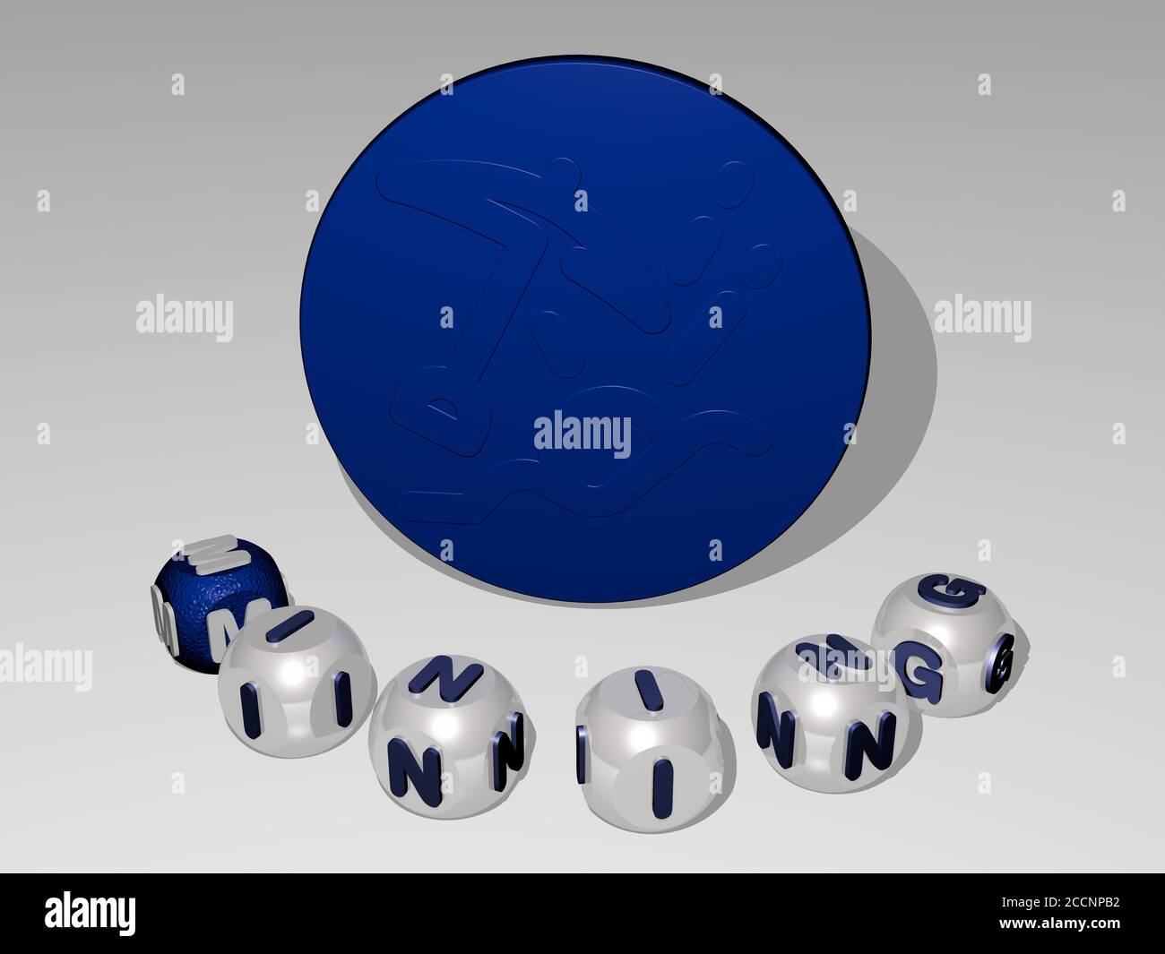 Testo rotondo di estrazione di lettere cubiche intorno all'icona 3D, illustrazione 3D Foto Stock