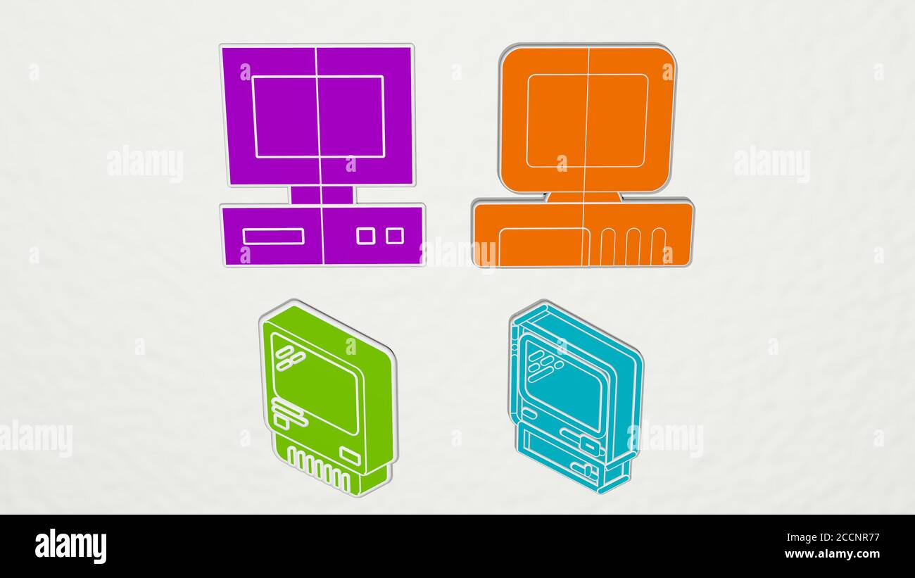 VECCHIO COMPUTER colorato insieme di icone, illustrazione 3D Foto Stock