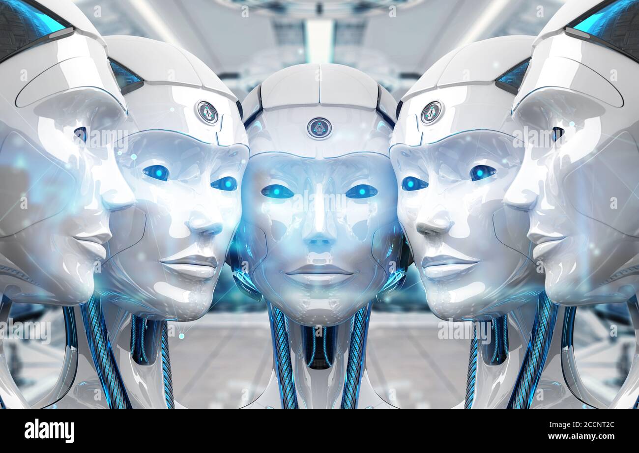 Gruppo di teste di robot femmina che creano una connessione di rete digitale 3d rendering Foto Stock