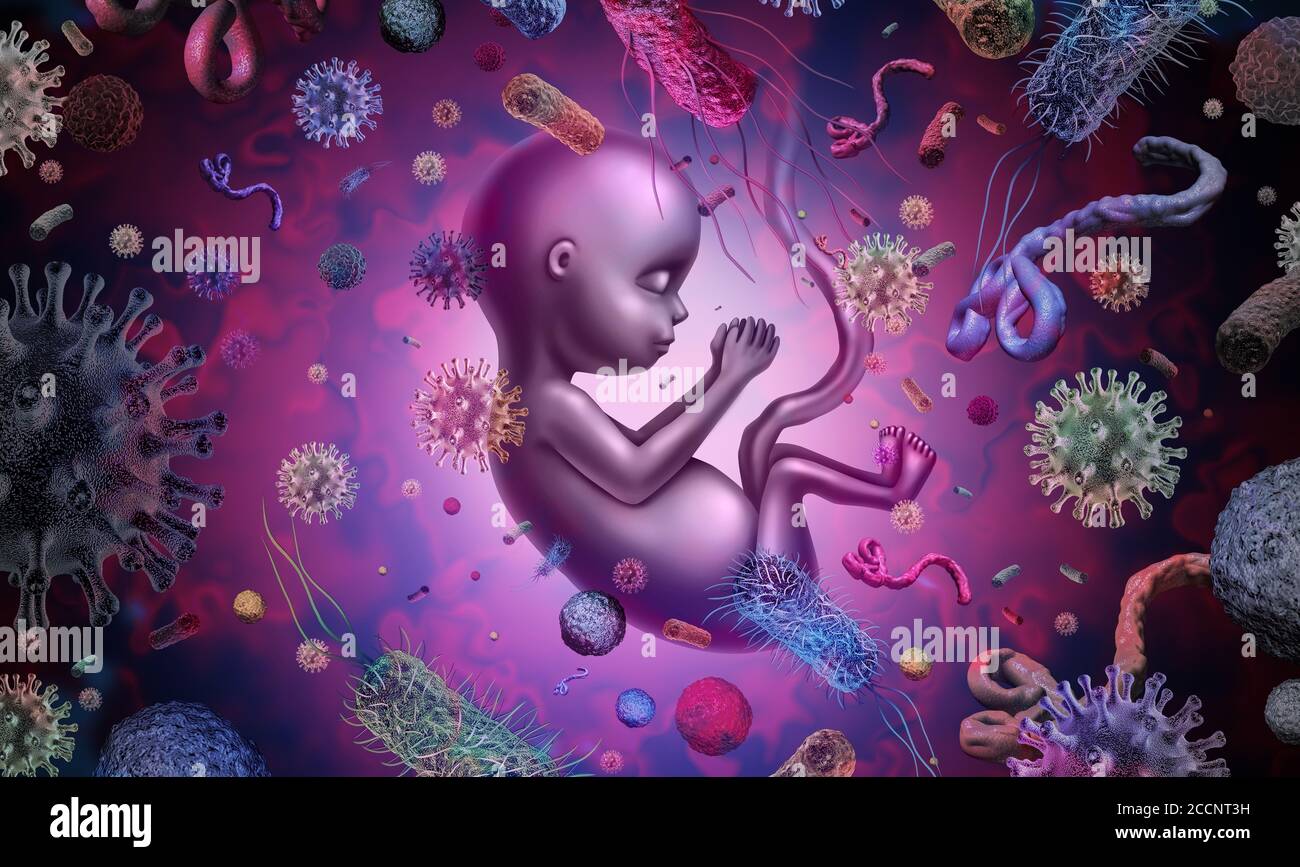 Malattie infettive del feto e infezioni materne come problemi di ostetricia e ginecologia con elementi di rendering 3D. Foto Stock