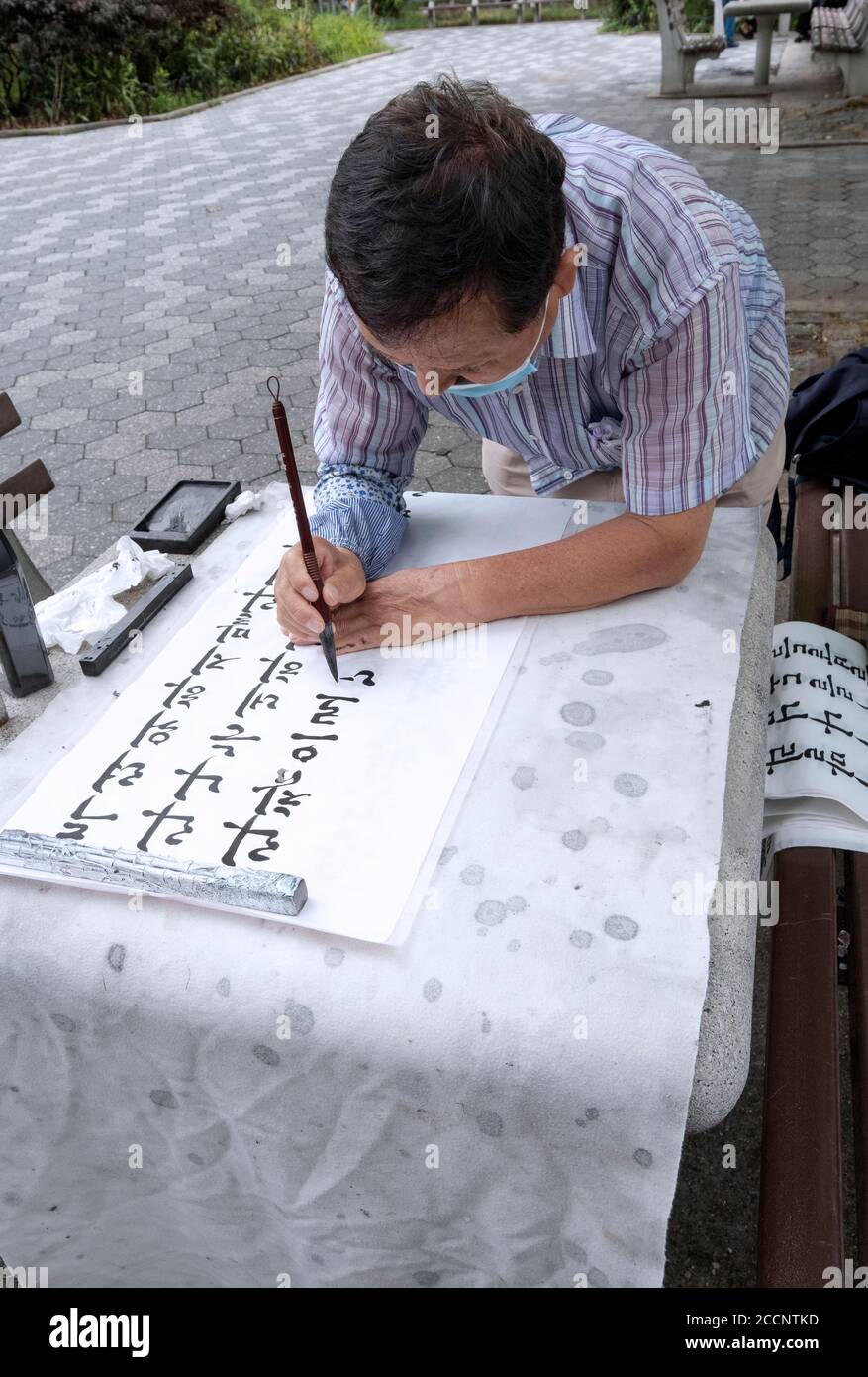 Un calligrafo coreano americano disegna i versi dal libro biblico di Isaia mentre indossa una maschera chirurgica. A Kissena Park, Flushing, Queens, New York. Foto Stock