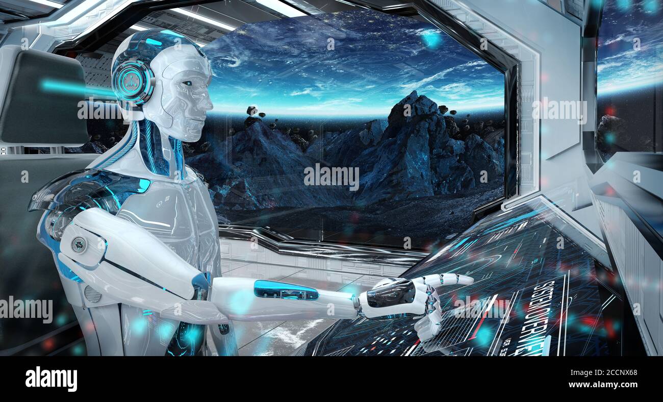 Robot cyborg in una sala di controllo che vola un bianco moderno Astronave con vista finestra sul rendering 3D spazio Foto Stock