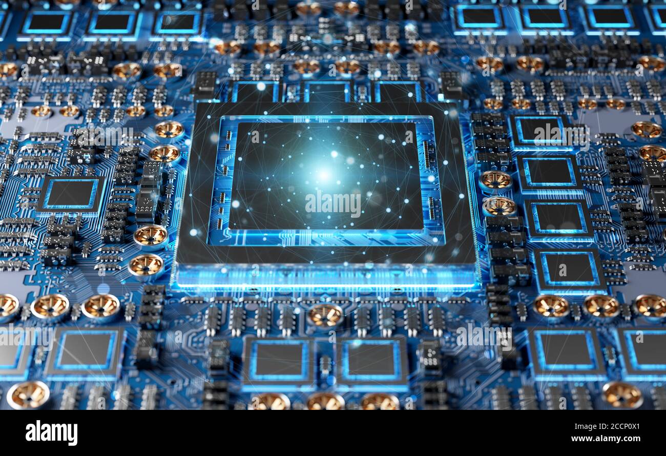 Vista ravvicinata di una moderna scheda GPU con circuito e collegamenti Foto Stock