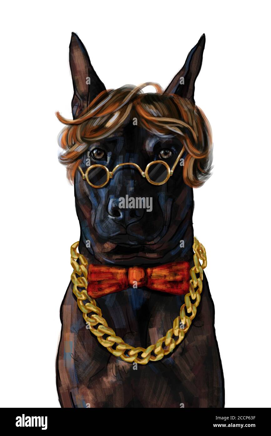 Hipster nero Thai Ridgeback cane, indossare grande oro collana, arco rosso, occhiali e fresco stile capelli isolato su sfondo bianco. Pittura digitale Foto Stock