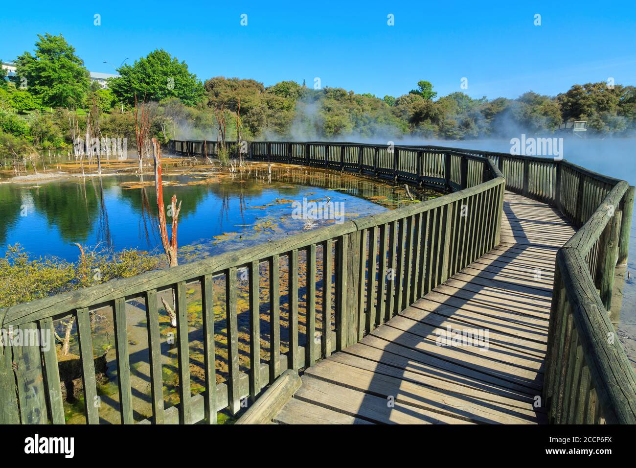 Una passerella in legno che attraversa un lago geotermico fumante a Kuirau Park, Rotorua, Nuova Zelanda Foto Stock
