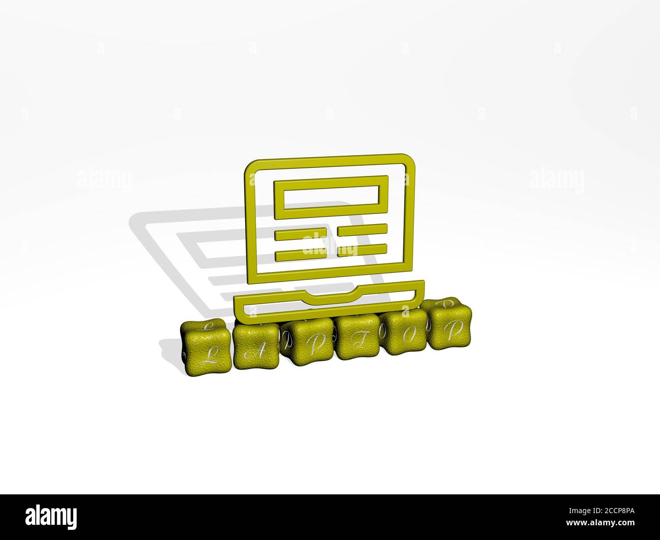 Icona 3D del portatile su testo cubico, illustrazione 3D Foto Stock
