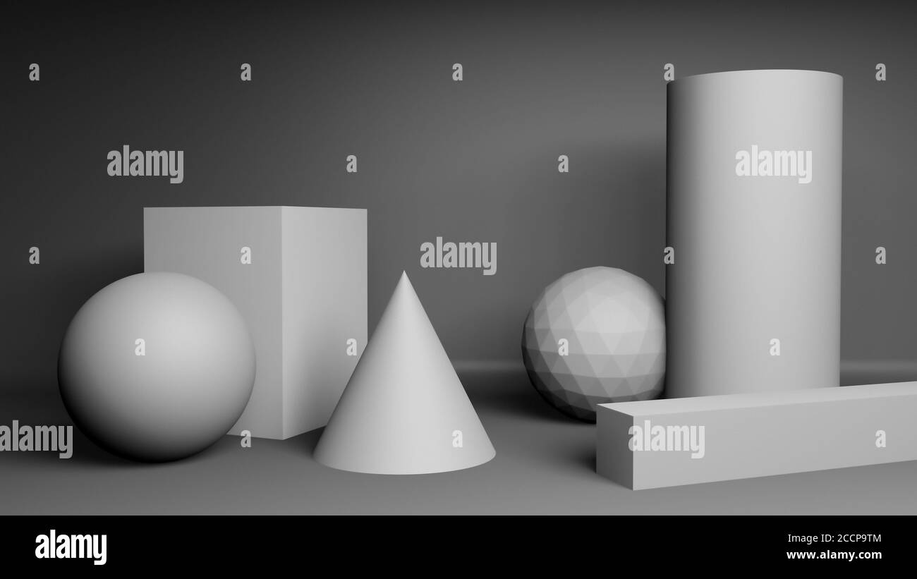 Forme geometriche e oggetti, globo, sfera, sfera, cono, cilindro e cubo, rendering 3d, illustrazione astratta del design, sfondo minimalista Foto Stock