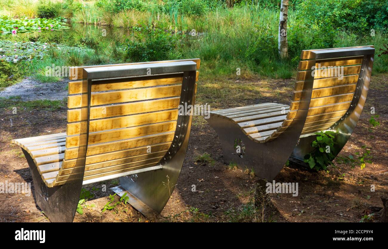Due posti a sedere per rilassarsi posti al confine di un grazioso laghetto naturale con una vista su gigli d'acqua. Foto Stock