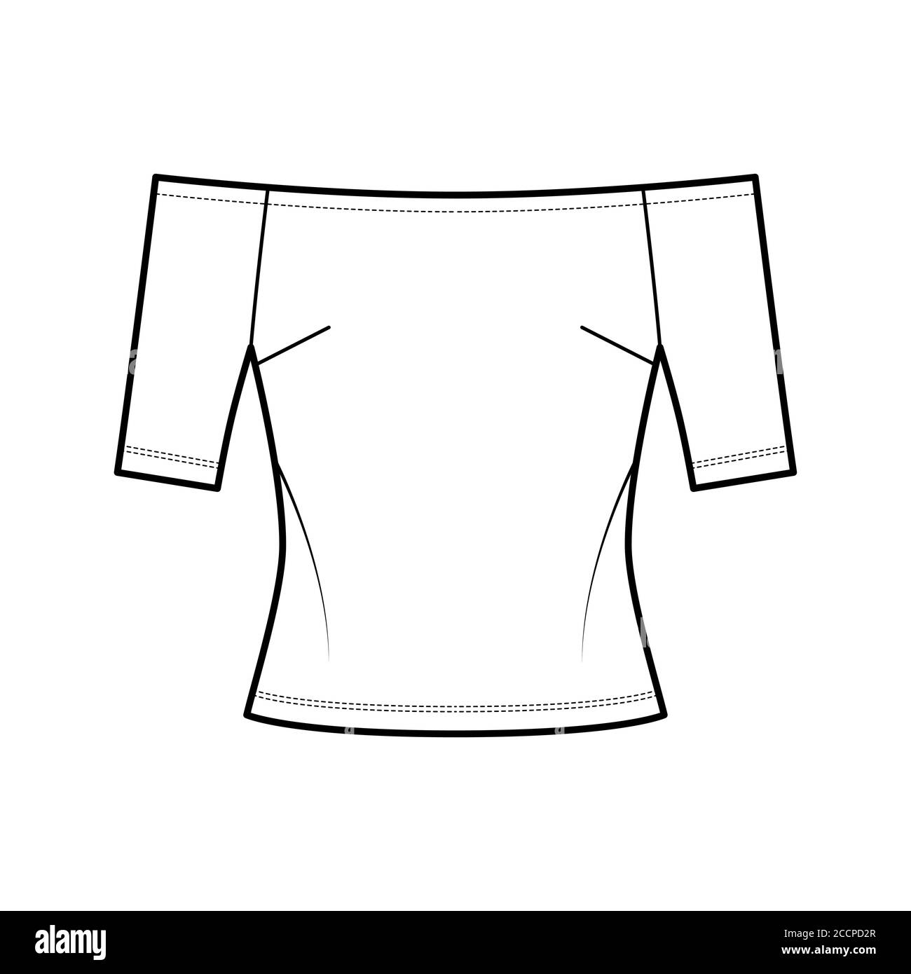 Illustrazione tecnica della moda con chiusura a tracolla, maniche corte, chiusura a zip nascosta lungo il retro. Mascherina di abbigliamento piatta anteriore, colore bianco. Donna uomo Unisex camicia CAD mockup Illustrazione Vettoriale