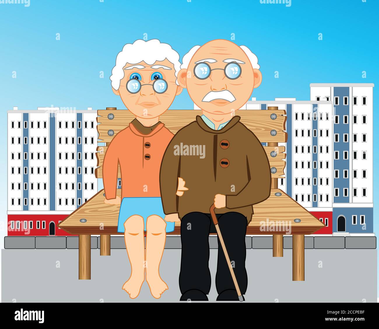 Gli anziani si siedono in panchina in città Illustrazione Vettoriale