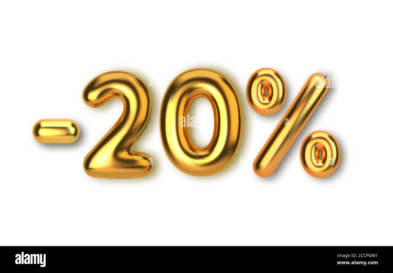 sconto del 20 su promozioni in palloncini d'oro 3d realistici. Numero in forma di palloncini d'oro. Vettore Illustrazione Vettoriale