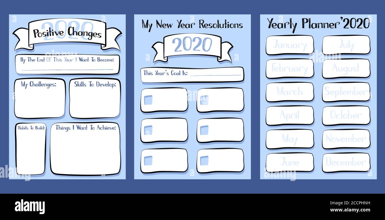 2020 Set annuale di tre fogli stampabili. Illustrazione del vettore di pianificazione degli obiettivi per l'organizzatore. Definizione degli obiettivi aziendali e personali. Pianificatore annuale Illustrazione Vettoriale