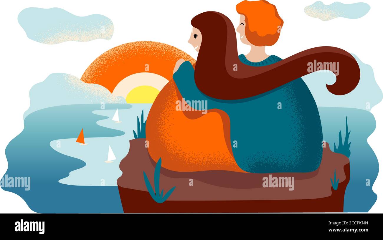 Uomo e donna seduti sulla scogliera che guarda al mare tramonto paesaggio. Illustrazione vettoriale su sfondo bianco. Serata romantica in mare. Viaggio in luna di miele Illustrazione Vettoriale