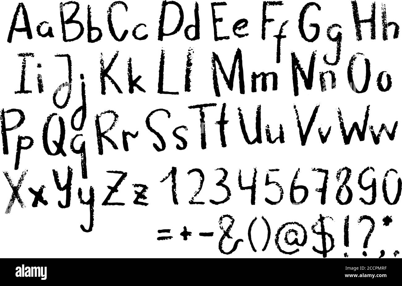 Lettere e numeri inglesi. Alfabeto grunge scritto a mano con segni di punteggiatura su sfondo bianco. Carattere tipografico testurizzato con numeri e segni. Distres Illustrazione Vettoriale