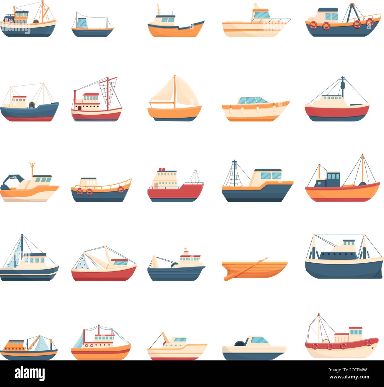 Set di icone per imbarcazioni da pesca. Set di cartoni animati di icone vettoriali per barche da pesca per il web design Illustrazione Vettoriale