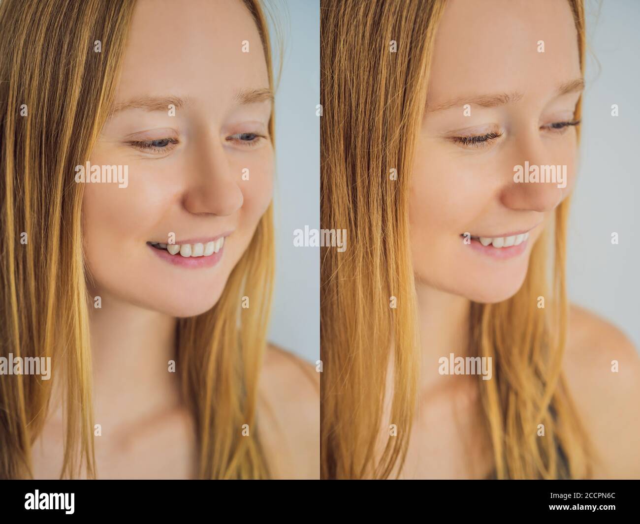 Confronto di occhi femmina prima e dopo extension delle ciglia Foto Stock