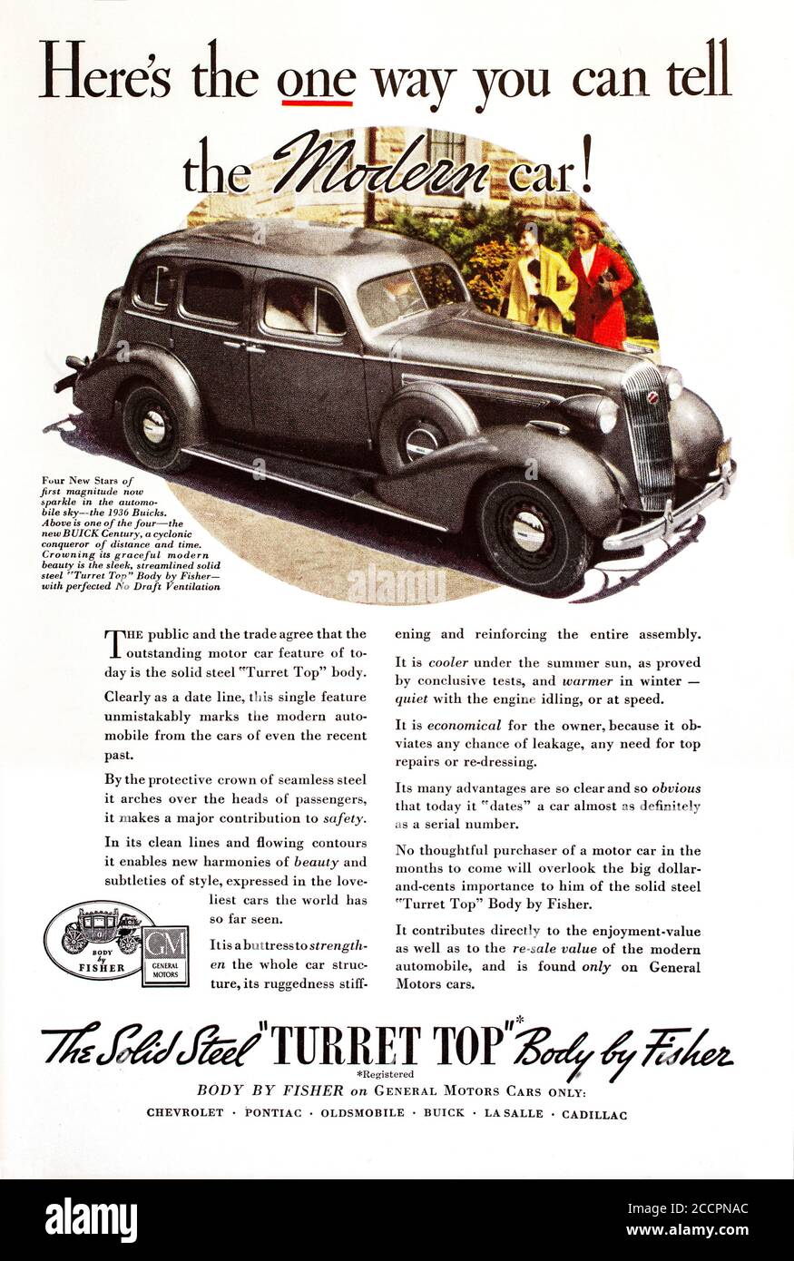 Pubblicità circa 1935 per Buick, ora una divisione del produttore automobilistico americano General Motors è stato chiamato dopo il pioniere automobilistico David Buick. Fu tra i primi marchi americani di automobili, e fu la società che fondò General Motors nel 1908. Foto Stock