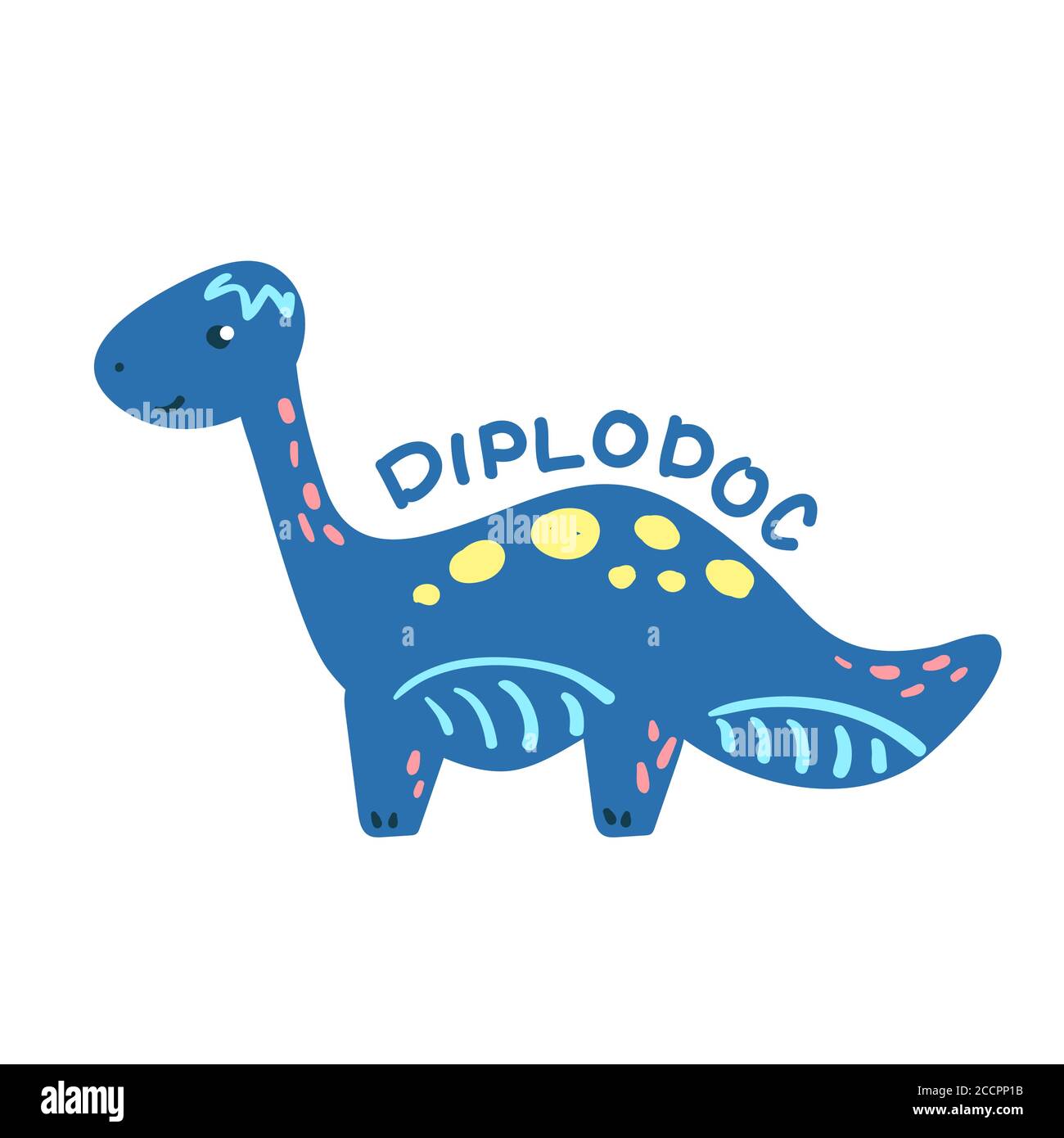 Dinosauro cartoon Diplodocus. Carino carattere dinosauro isolato. Divertente illustrazione vettoriale dei dinosauri su sfondo bianco. Diplodoc scritte disegnate a mano. Bambino Illustrazione Vettoriale