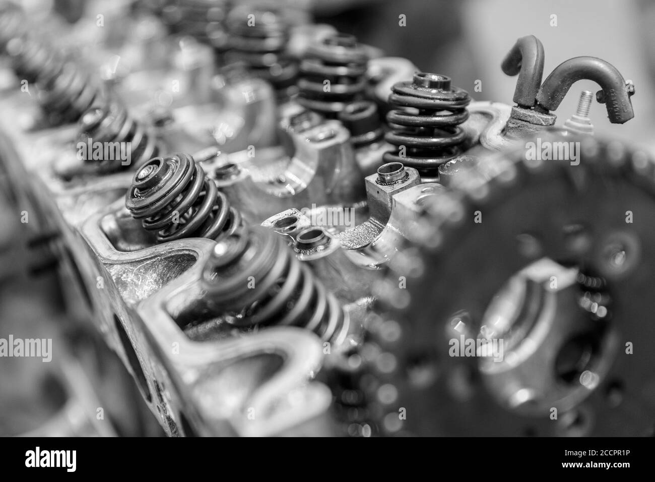 Capo di una riparazione del motore di un'automobile. Pezzi di ricambio per auto moderne, immagine in bianco e nero Foto Stock