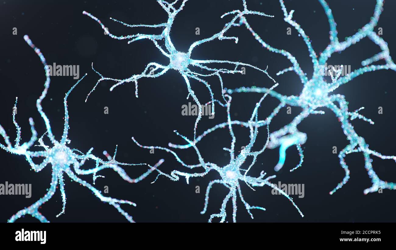Celle neurali astratte con punti luminosi. Sinapsi e cellule neuronali inviano segnali chimici elettrici. Neurone di neuroni interconnessi con Foto Stock