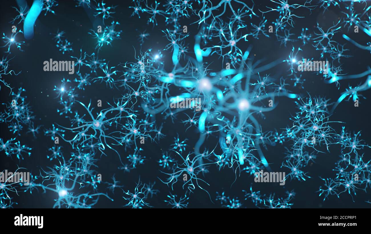 L'illustrazione concettuale delle celle neurone invia una carica elettrica per trasmettere informazioni. Ricerca cerebrale. Neuroni interconnessi. Neuroni tra Foto Stock
