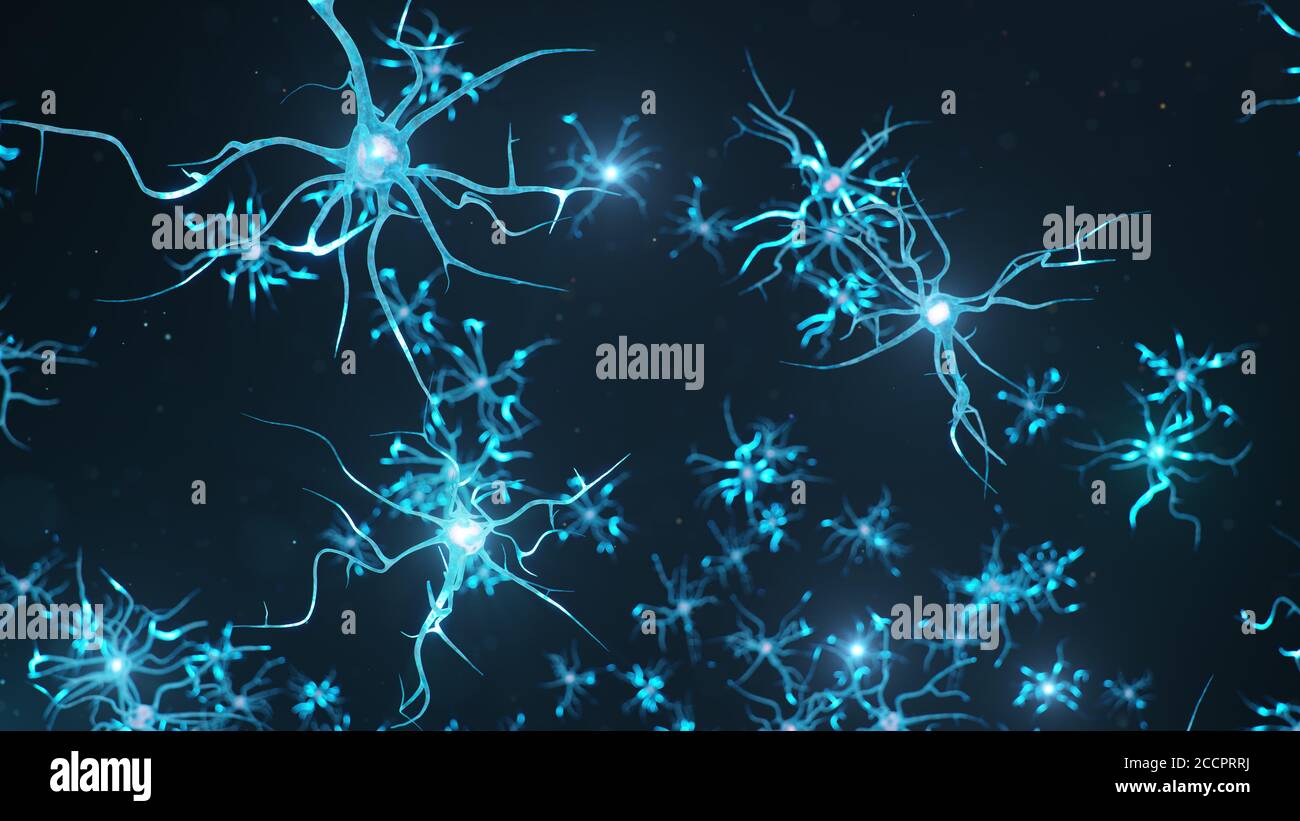 Cellule neurali astratte. Sinapsi e cellule neuronali inviano segnali chimici elettrici. Informazioni sulla trasmissione. Neurone di neuroni interconnessi con Foto Stock