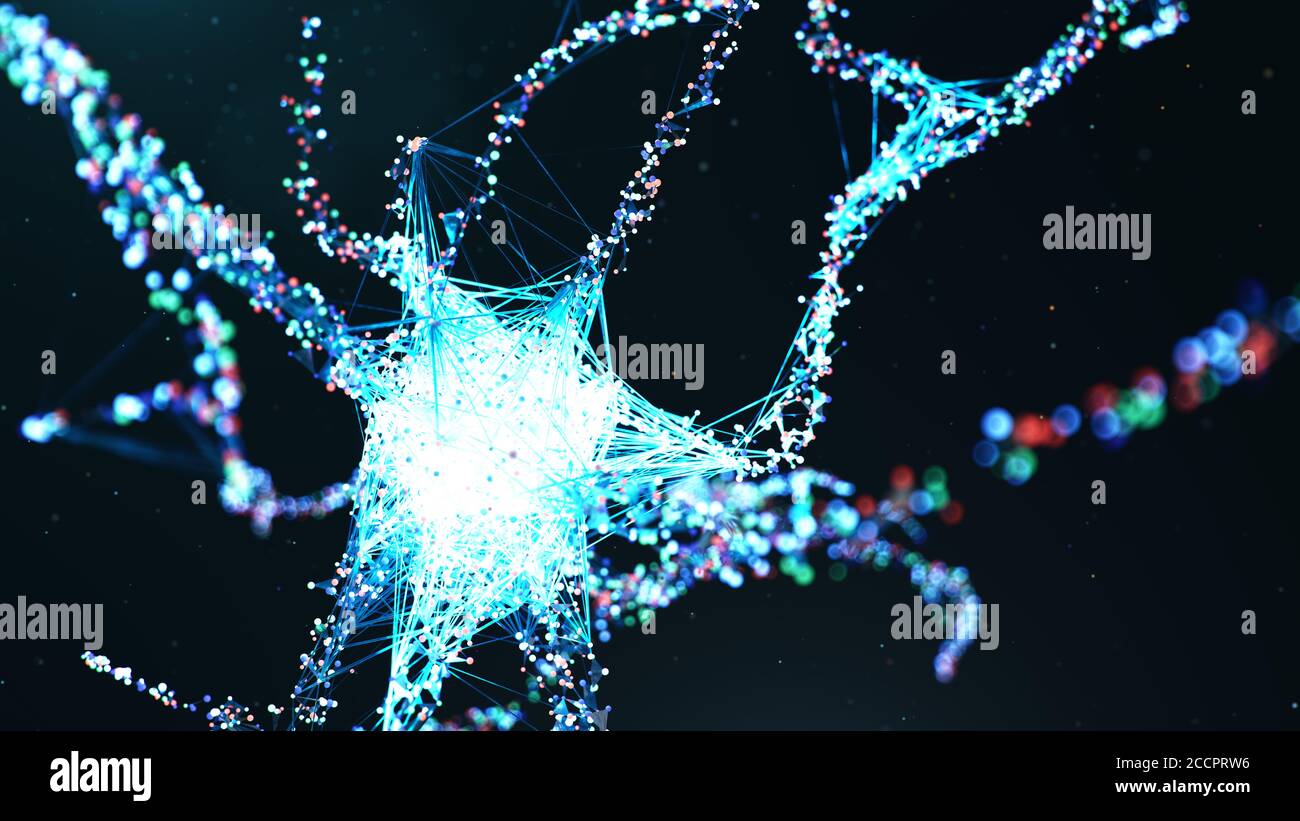 Cellule neurali astratte. Neurone ai. Scienza della tecnologia della rete neurale artificiale. Sinapsi e cellule neuronali inviano segnali elettrici. Cloud computing Foto Stock