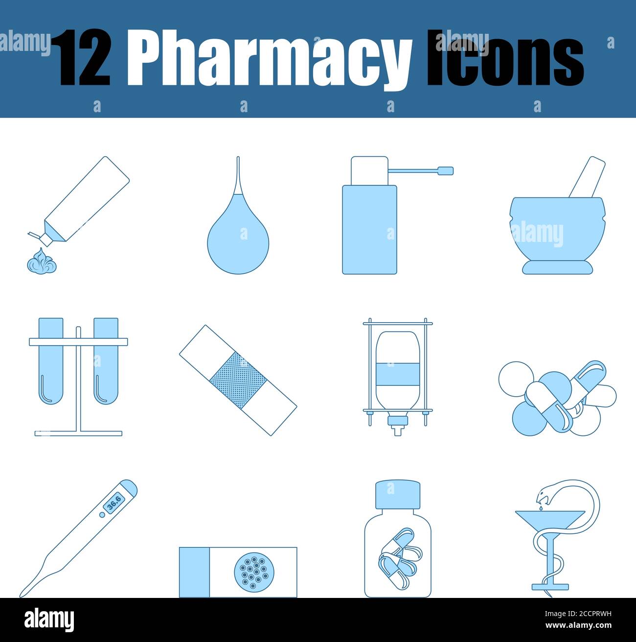 Insieme di icone della farmacia. Linea sottile con design di riempimento blu. Illustrazione vettoriale. Illustrazione Vettoriale