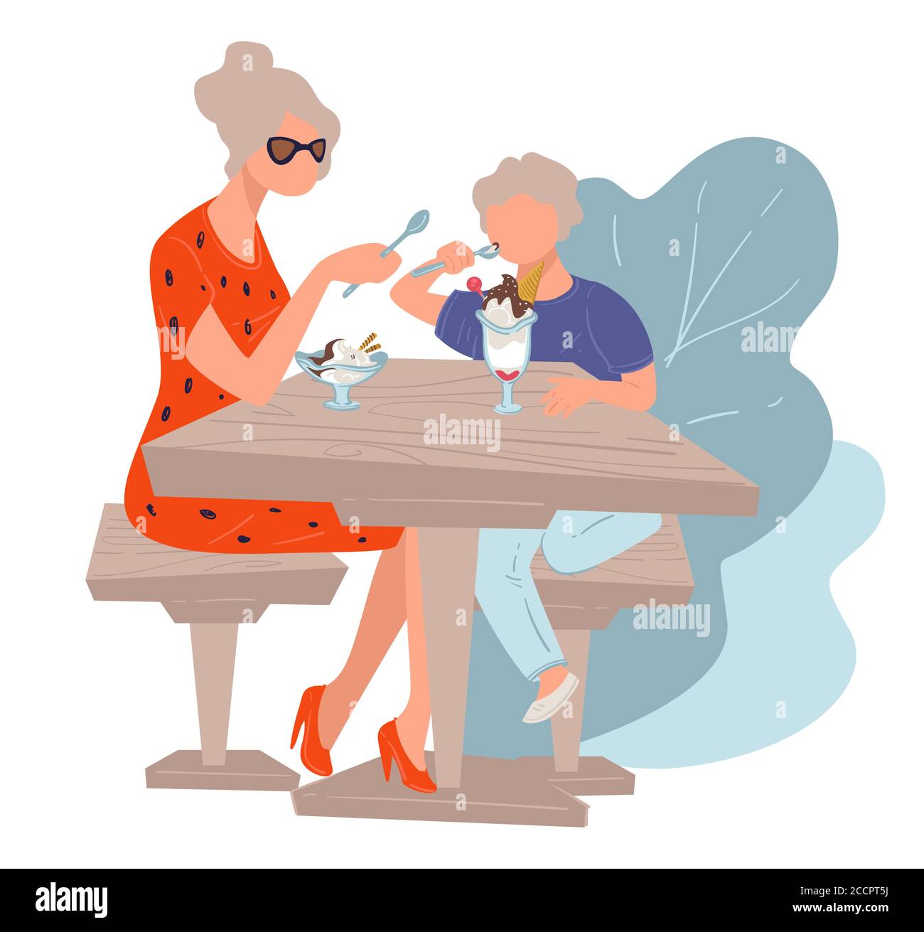 Nonna e nipote mangiano gelato al caffè Illustrazione Vettoriale
