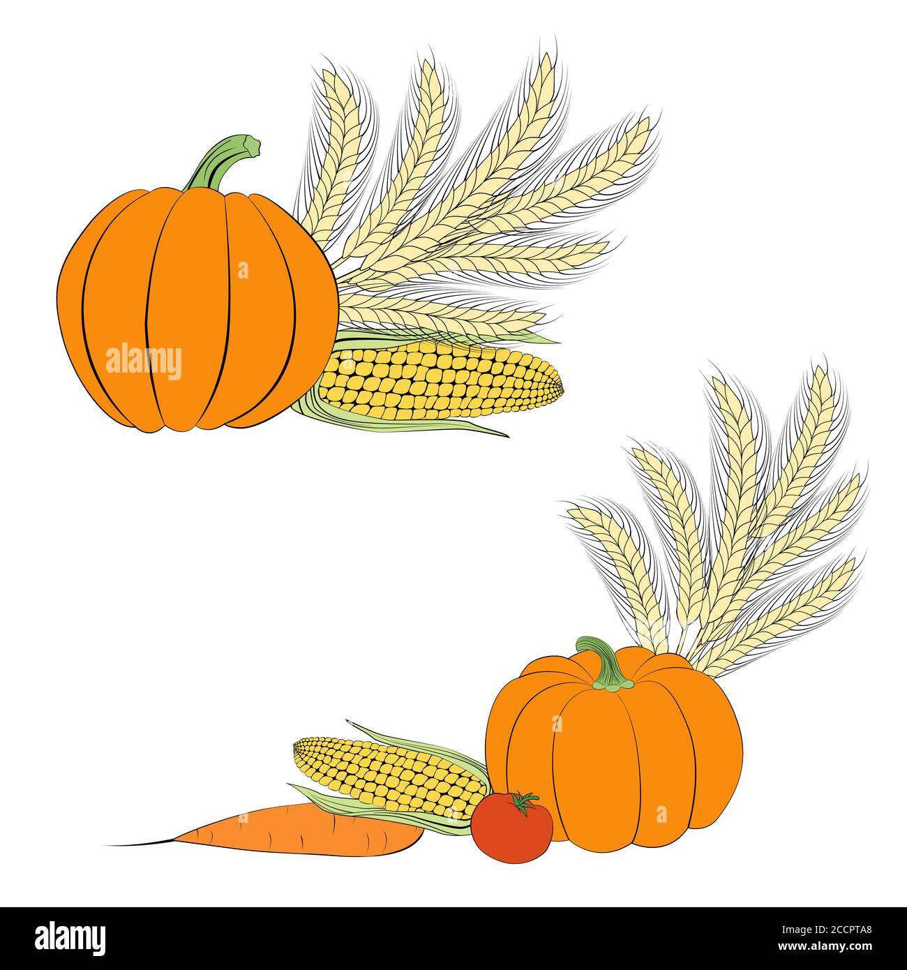 illustrazione di raccolto con contorno nero. composizione decorativa di autunno con verdure. illustrazione vettoriale di zucca e grano Illustrazione Vettoriale