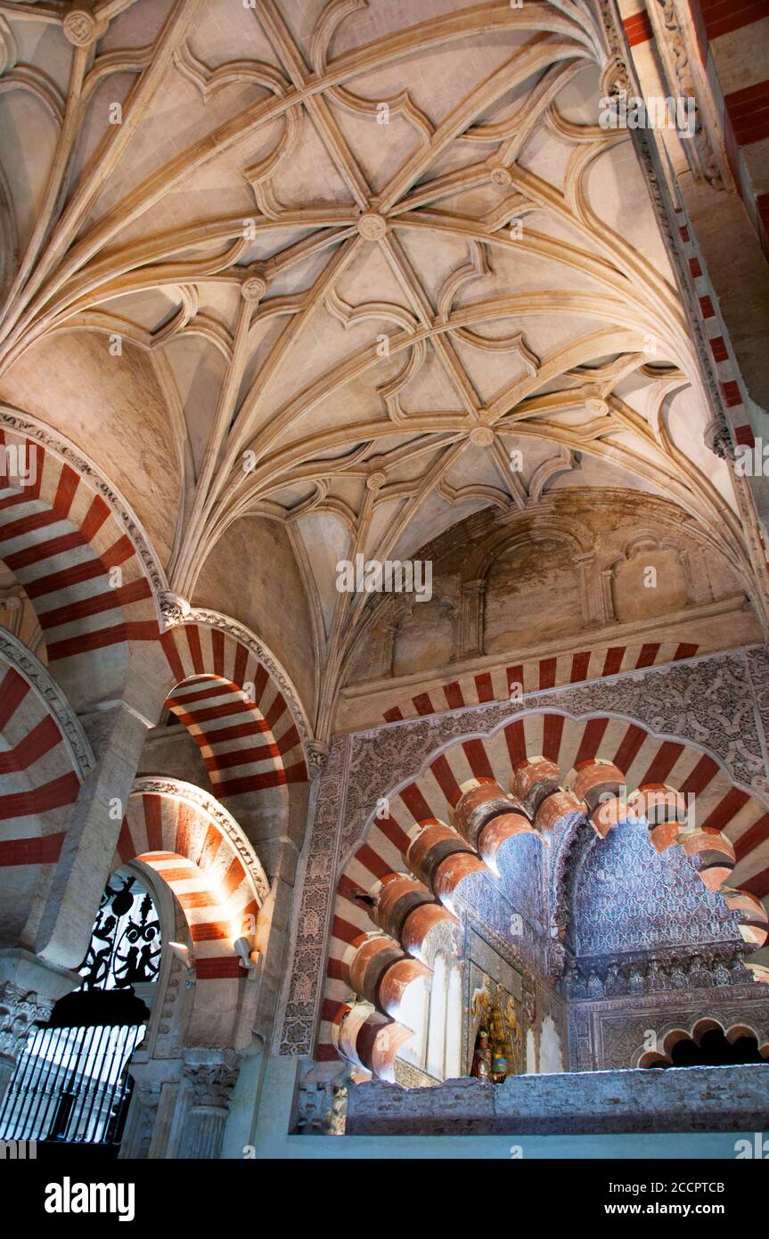 Alternando i voussoirs e il soffitto a costine alla grande Moschea di Cordova, Spagna. Foto Stock