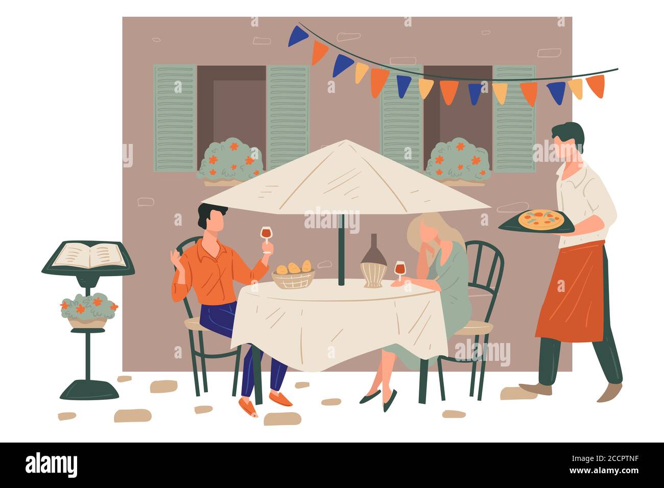 Coppia bevendo vino servito da cameriere con pizza Illustrazione Vettoriale