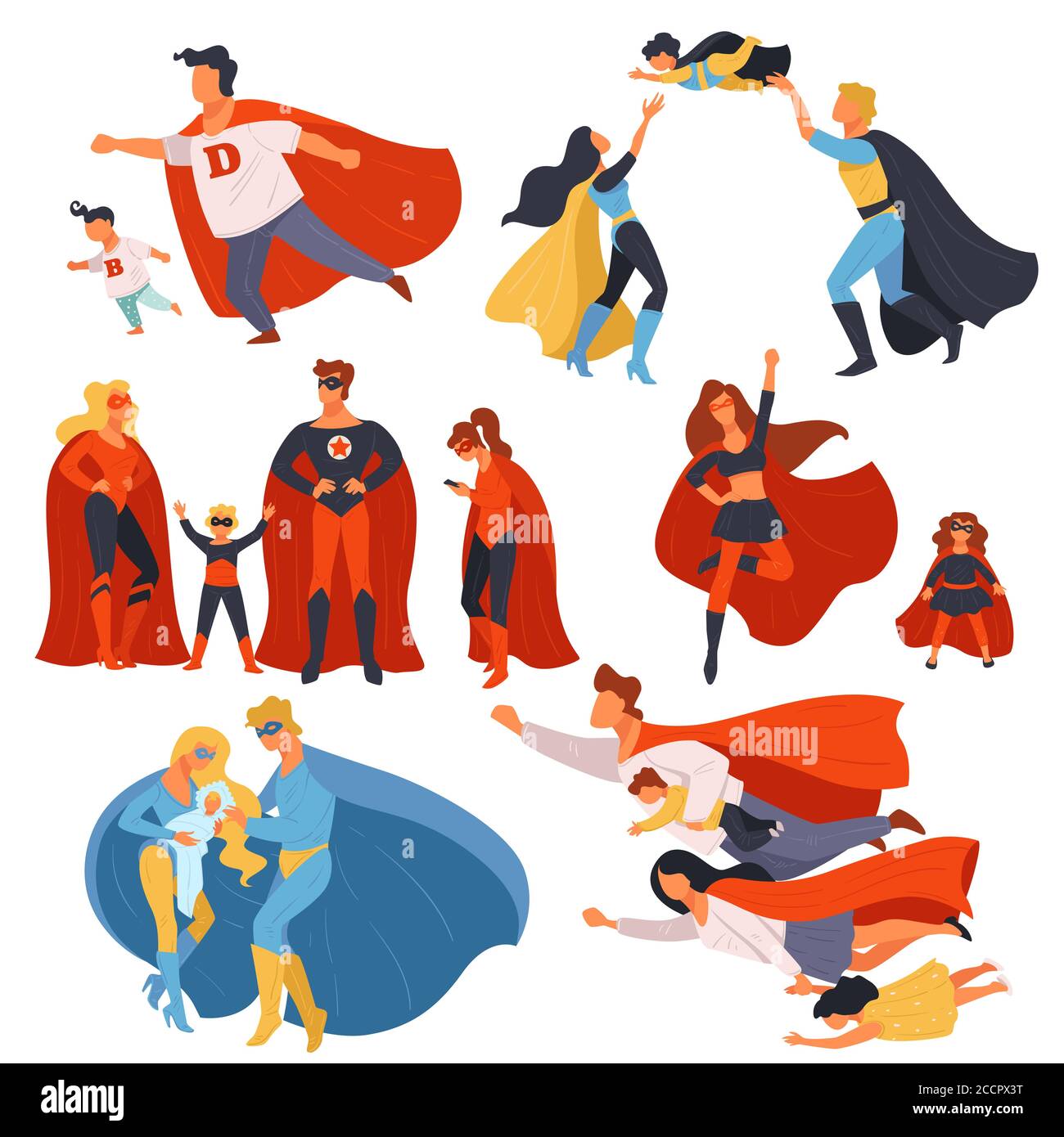 Famiglia supereroe, genitori e bambini con poteri vettore Illustrazione Vettoriale