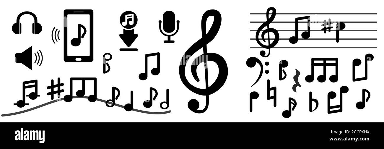 Note musicali isolate su sfondo bianco. Segni di notazione musicale, treble clef. Segno vettoriale per la melodia dell'illustrazione. Illustrazione Vettoriale