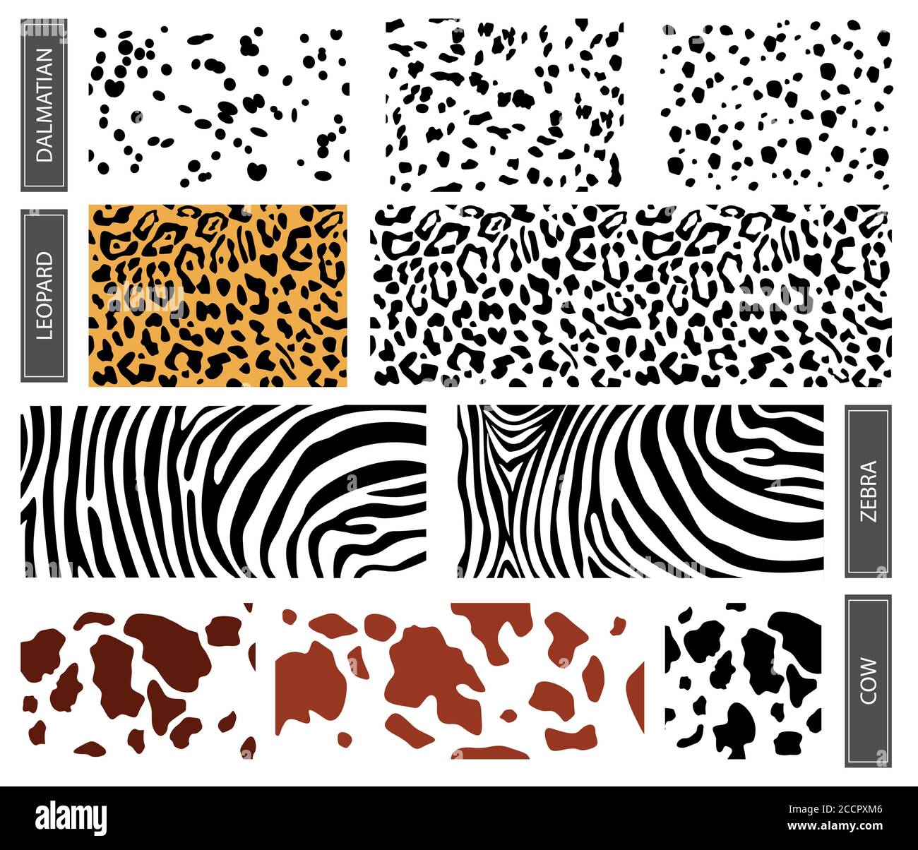 Impostare la ripetizione della trama di stampa con motivo dalmazia, leopardo e mucca. Motivo senza cuciture di dalmazia, macchie leopardo. Sfondo orizzontale, marrone macchie caotiche isolato su bianco. Illustrazione Vettoriale