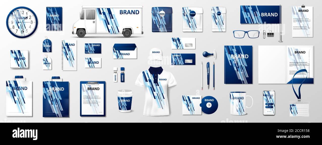 Modello di identità aziendale. Brand blue color astratto geometrico mockup su uniforme, confezione, tazza, carta intestata, rapporto annuale. Vettore realistico Illustrazione Vettoriale