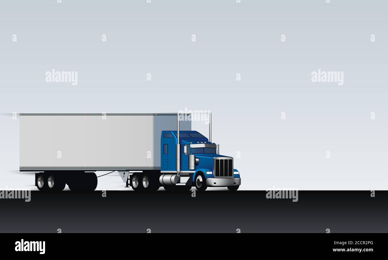 Il camion si muove sull'autostrada astratta. Semirimorchio Classic Big RIG con furgone asciutto su sfondo bianco chiaro, illustrazione vettoriale Illustrazione Vettoriale