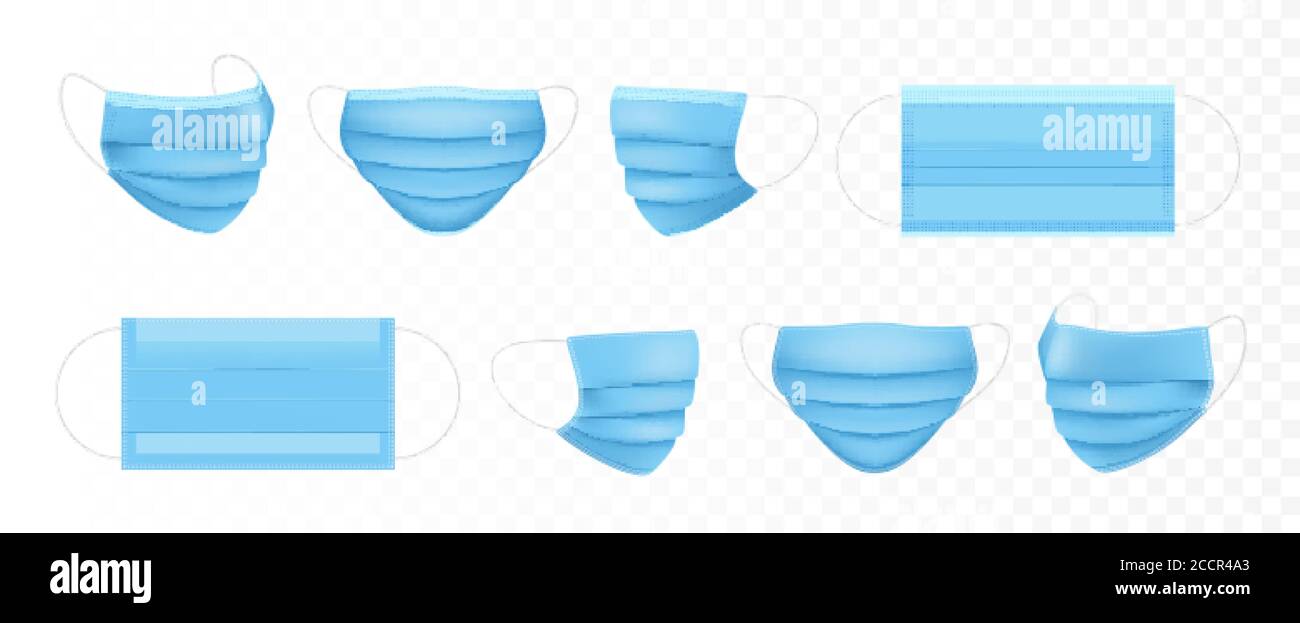 Set di maschera medica. Maschere respiratorie. Problema di sanità. Virus e protezione contro le malattie. Respirazione di sicurezza. Mascherina chirurgica blu. Vettore ill Illustrazione Vettoriale