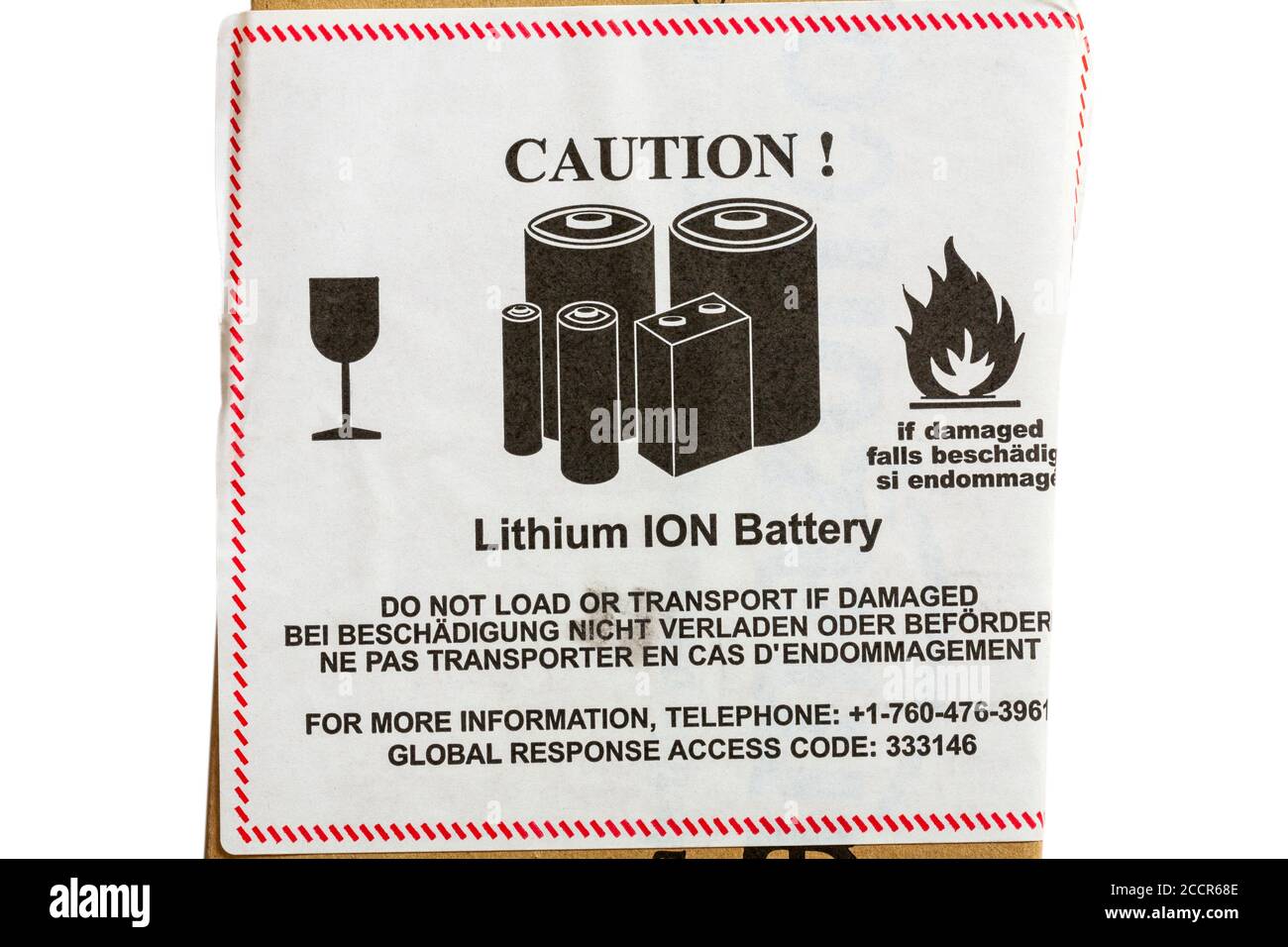 Attenzione batteria agli IONI di litio non caricare o trasportare se etichetta adesiva danneggiata sul pacco Foto Stock